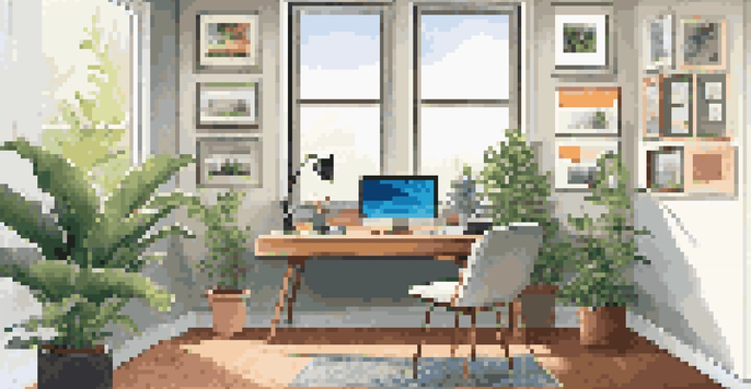 A bright and organized home office with a laptop open to a video call, a cozy chair, and indoor plants.