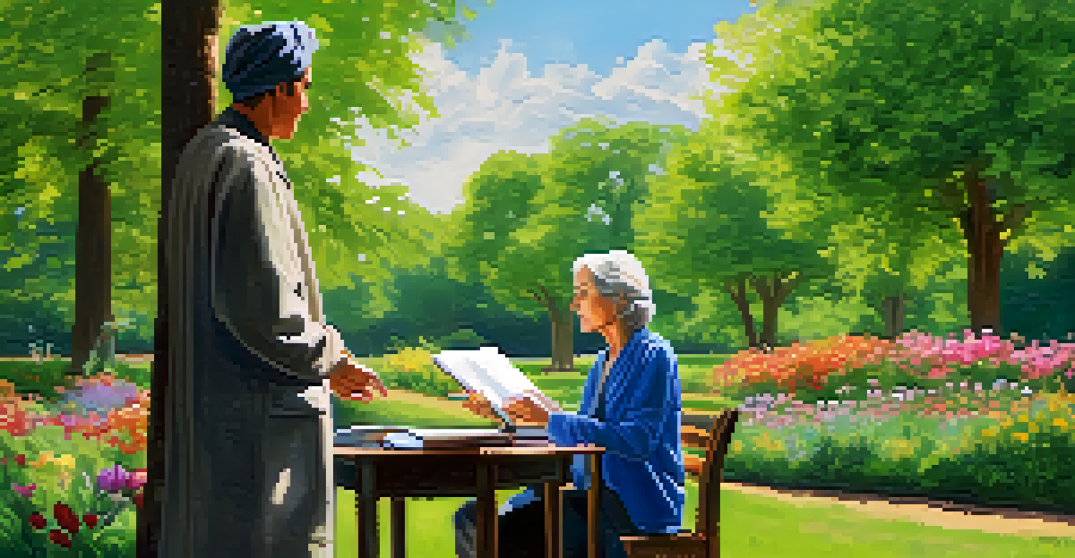 An older woman mentoring a young man in a park, surrounded by green trees and flowers, with a notebook in hand.
