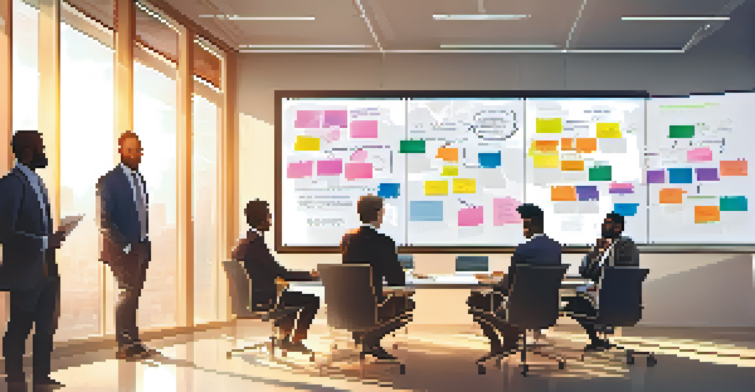 A diverse group of people collaborating in a conference room, with a whiteboard and natural light.