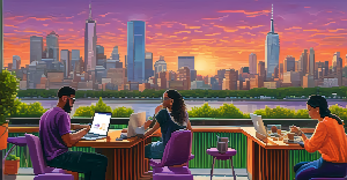 A lively city scene featuring diverse gig workers, including a graphic designer, freelance writer, and photographer, in a warm sunset setting.