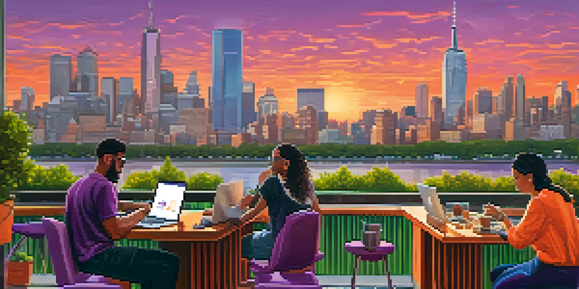 A lively city scene featuring diverse gig workers, including a graphic designer, freelance writer, and photographer, in a warm sunset setting.