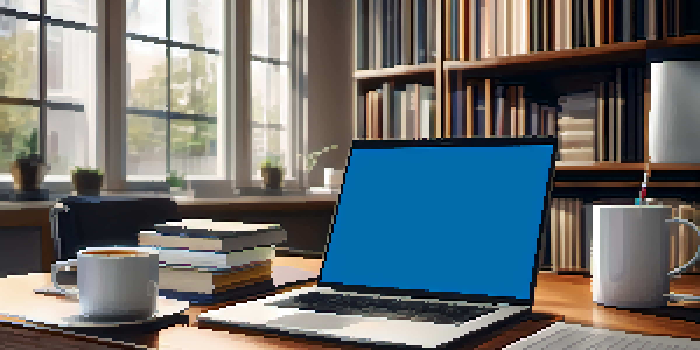 A desk with a laptop, a notepad displaying a resume, and a coffee cup, illuminated by warm light from a window.