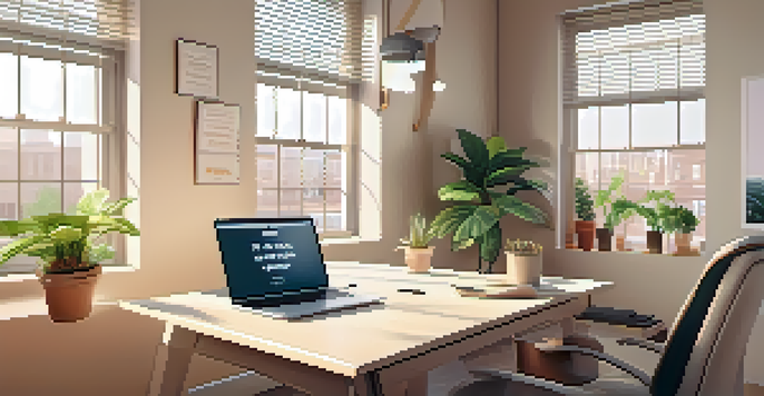 A peaceful office setting featuring a desk with a laptop, a potted plant, and a motivational quote on the wall, illuminated by warm sunlight.