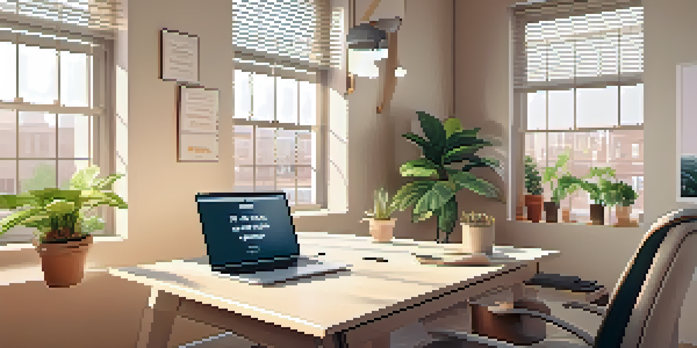 A peaceful office setting featuring a desk with a laptop, a potted plant, and a motivational quote on the wall, illuminated by warm sunlight.