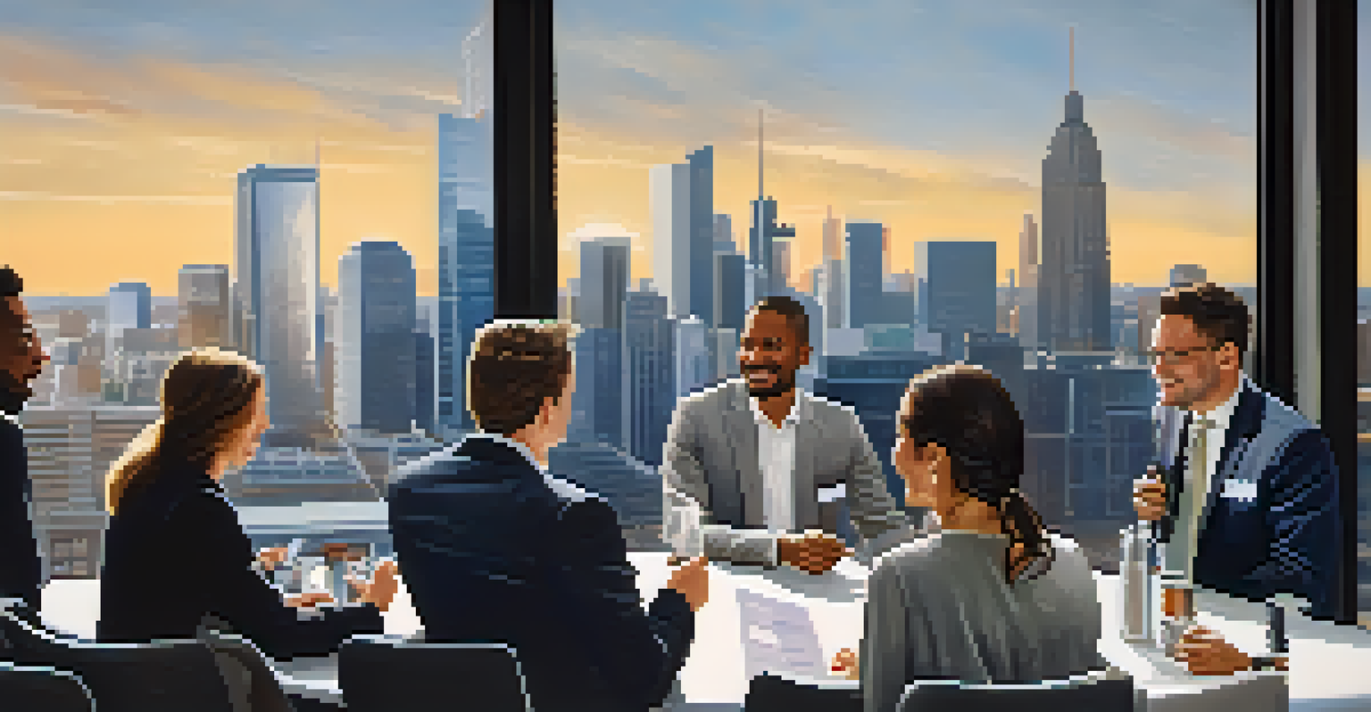 A group of diverse individuals networking at an event with a city skyline behind them.