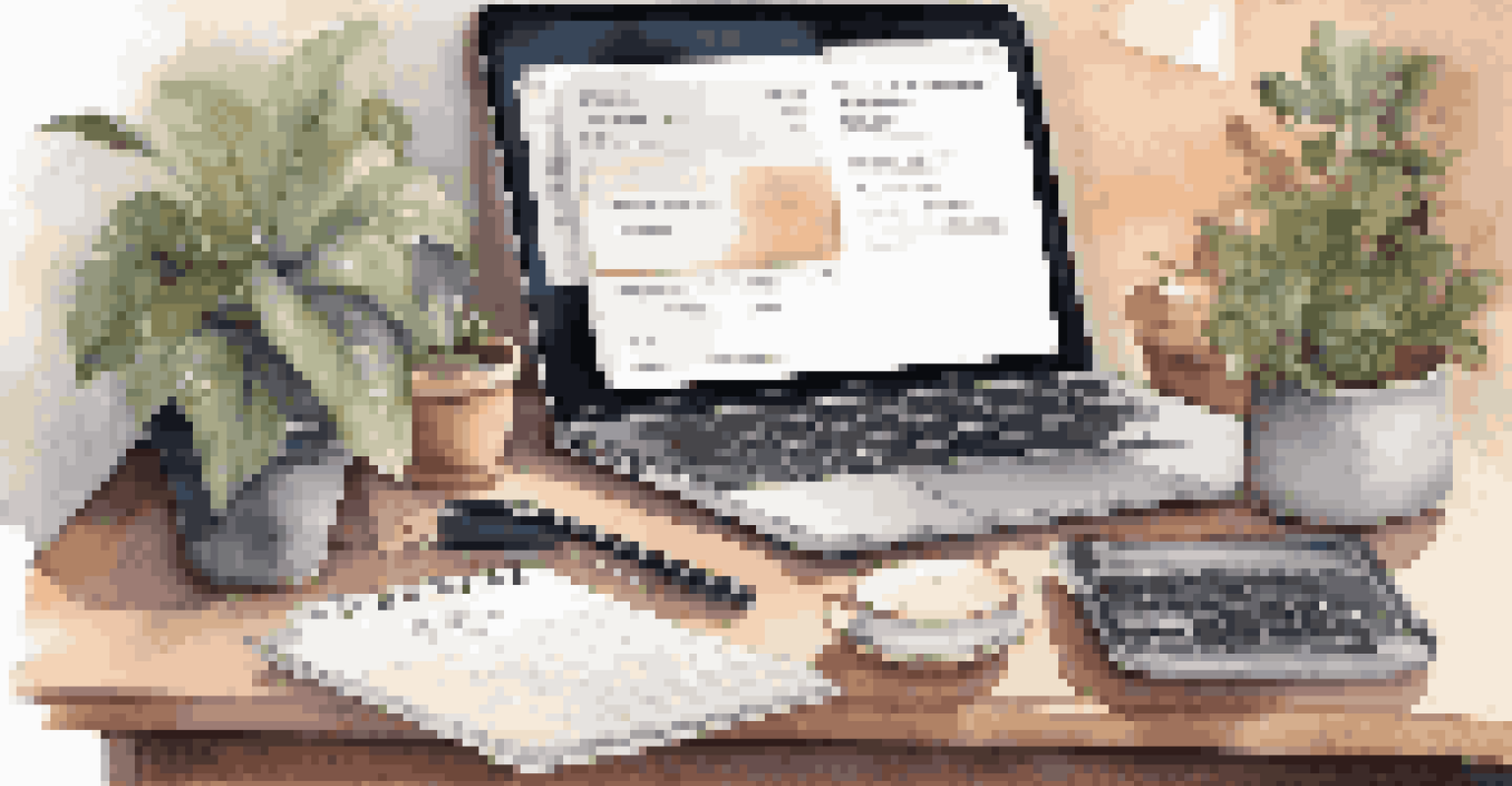 A workspace with a laptop showing a credit card management website, a cup of coffee, a plant, and stationery, all bathed in warm light.