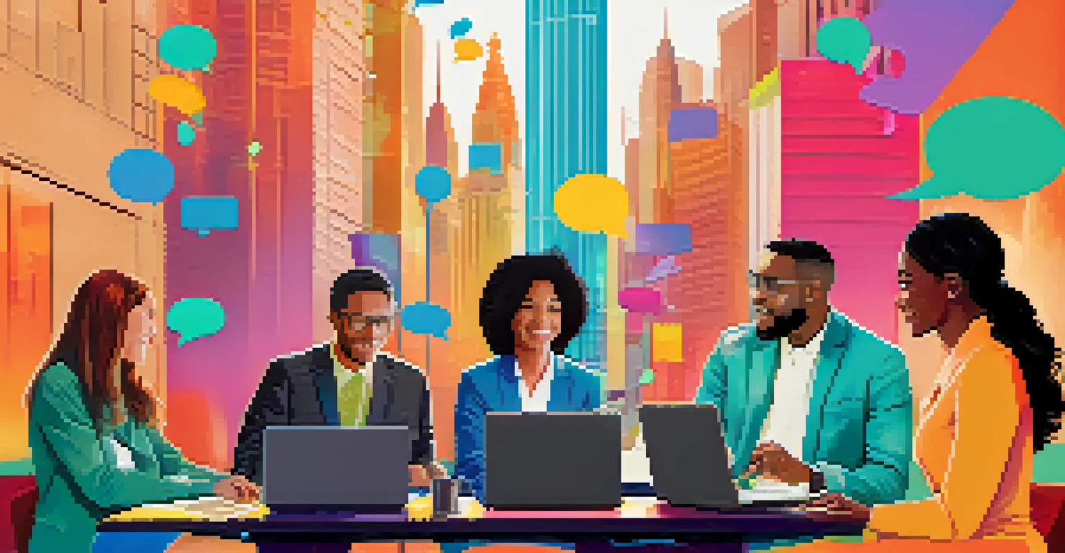 A digital collage of professionals in video calls with speech bubbles, set against a vibrant cityscape, symbolizing networking.