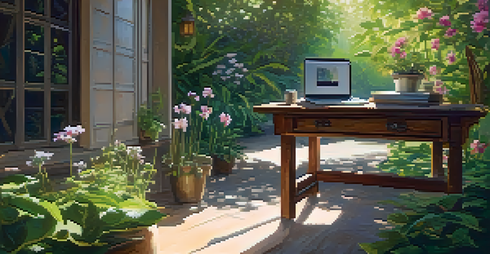 A peaceful outdoor workspace with a wooden desk and laptop, surrounded by greenery and flowers, illuminated by sunlight.