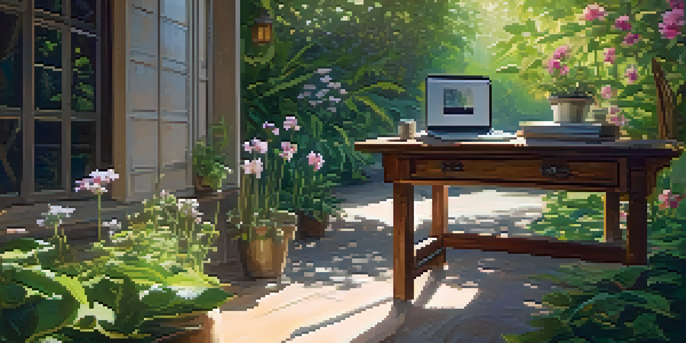A peaceful outdoor workspace with a wooden desk and laptop, surrounded by greenery and flowers, illuminated by sunlight.