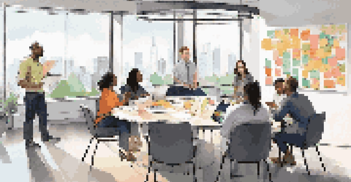 A diverse team collaborating in a bright office, discussing ideas around a circular table with sticky notes and digital devices.