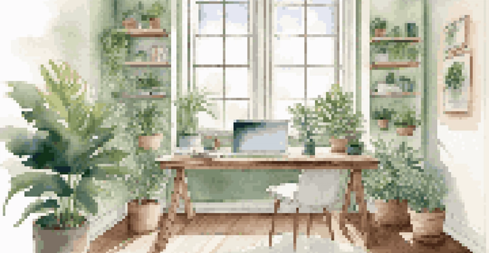 A bright and inviting office space with a desk, laptop, notepad, coffee cup, and indoor plants, illuminated by natural light.