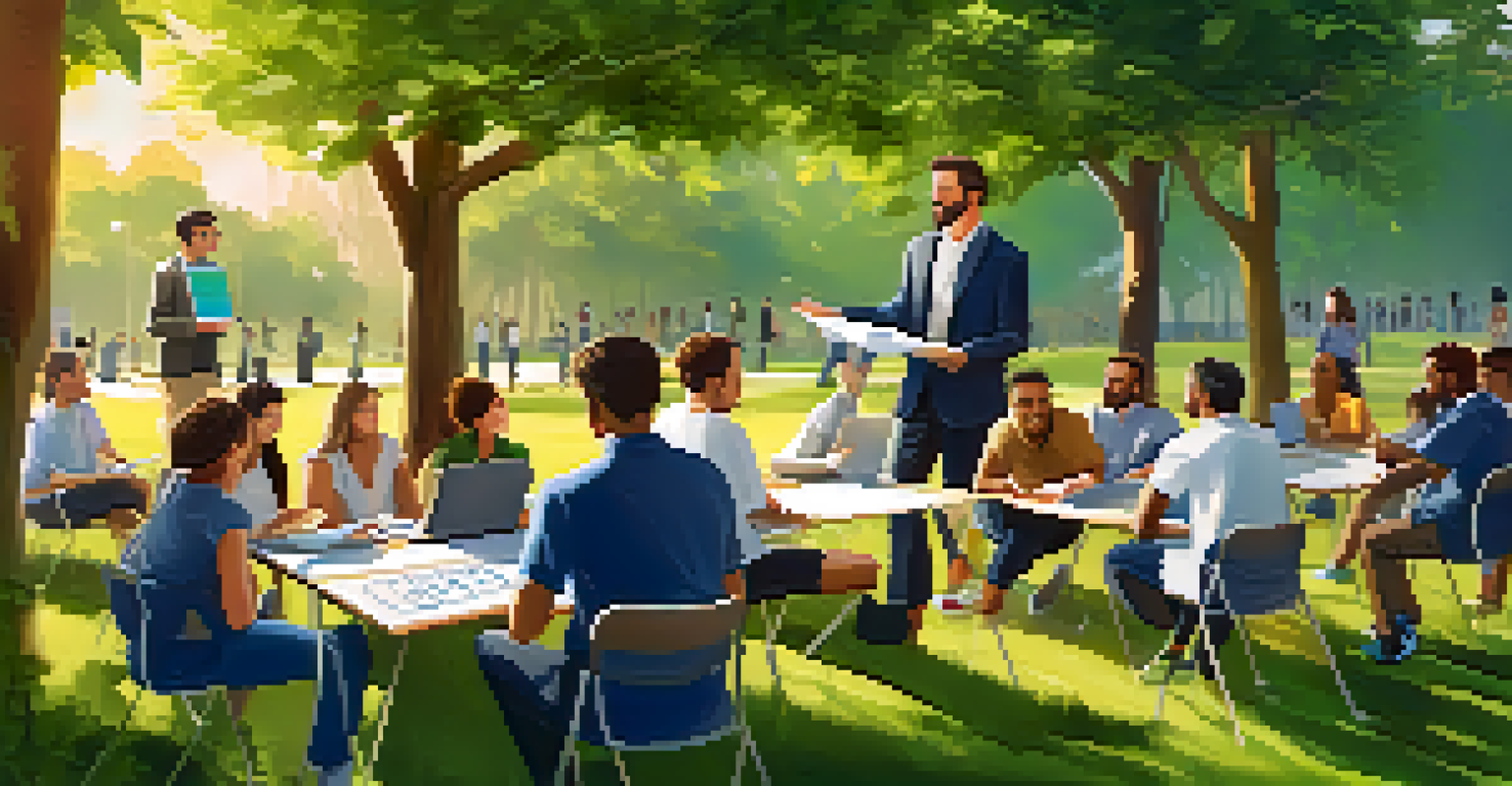 A group of employees participating in an outdoor training workshop in a park, with flip charts and laptops, surrounded by greenery.