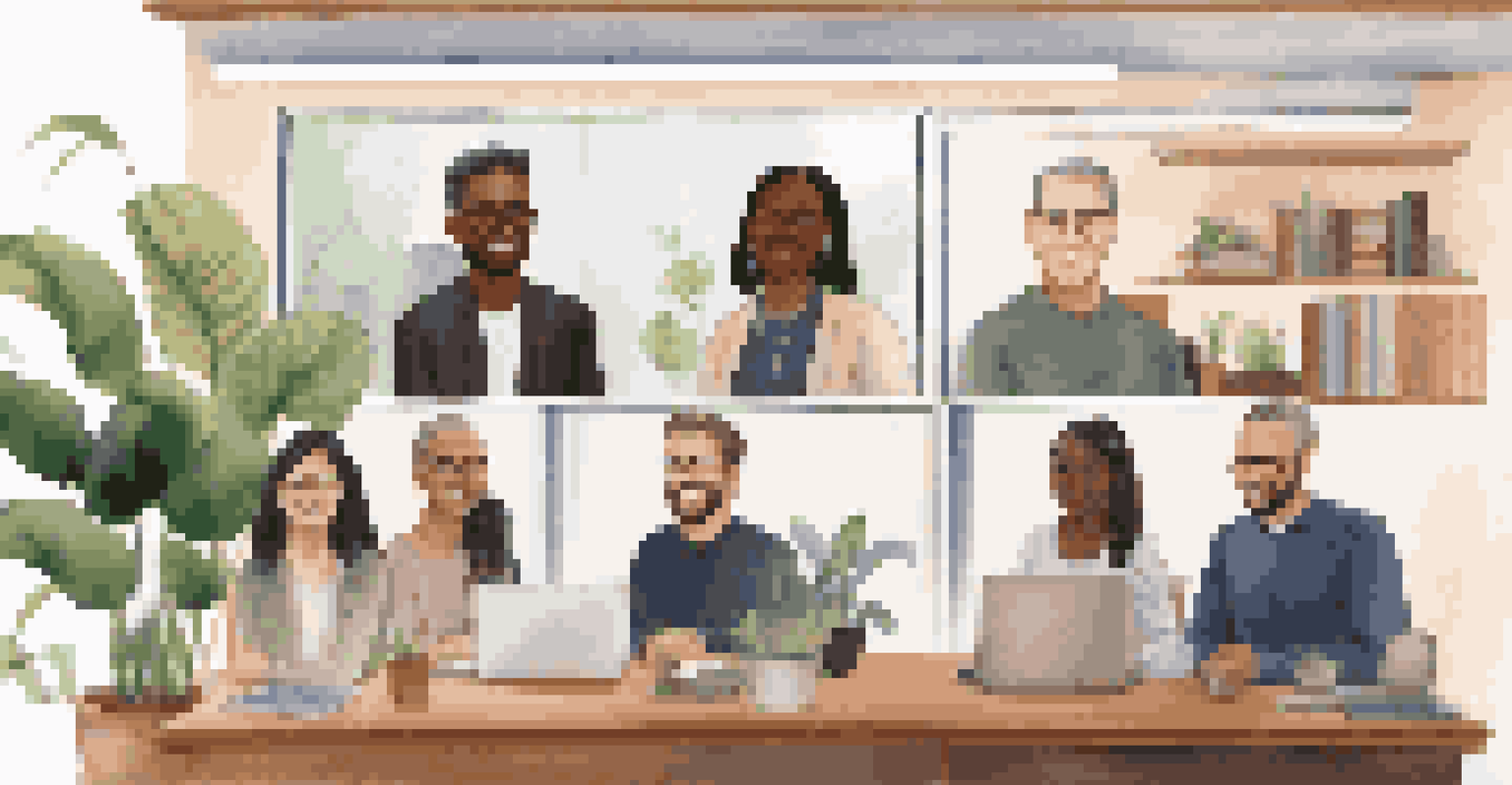 Diverse professionals engaged in a virtual meeting, each in their own window, with personal touches in their backgrounds.
