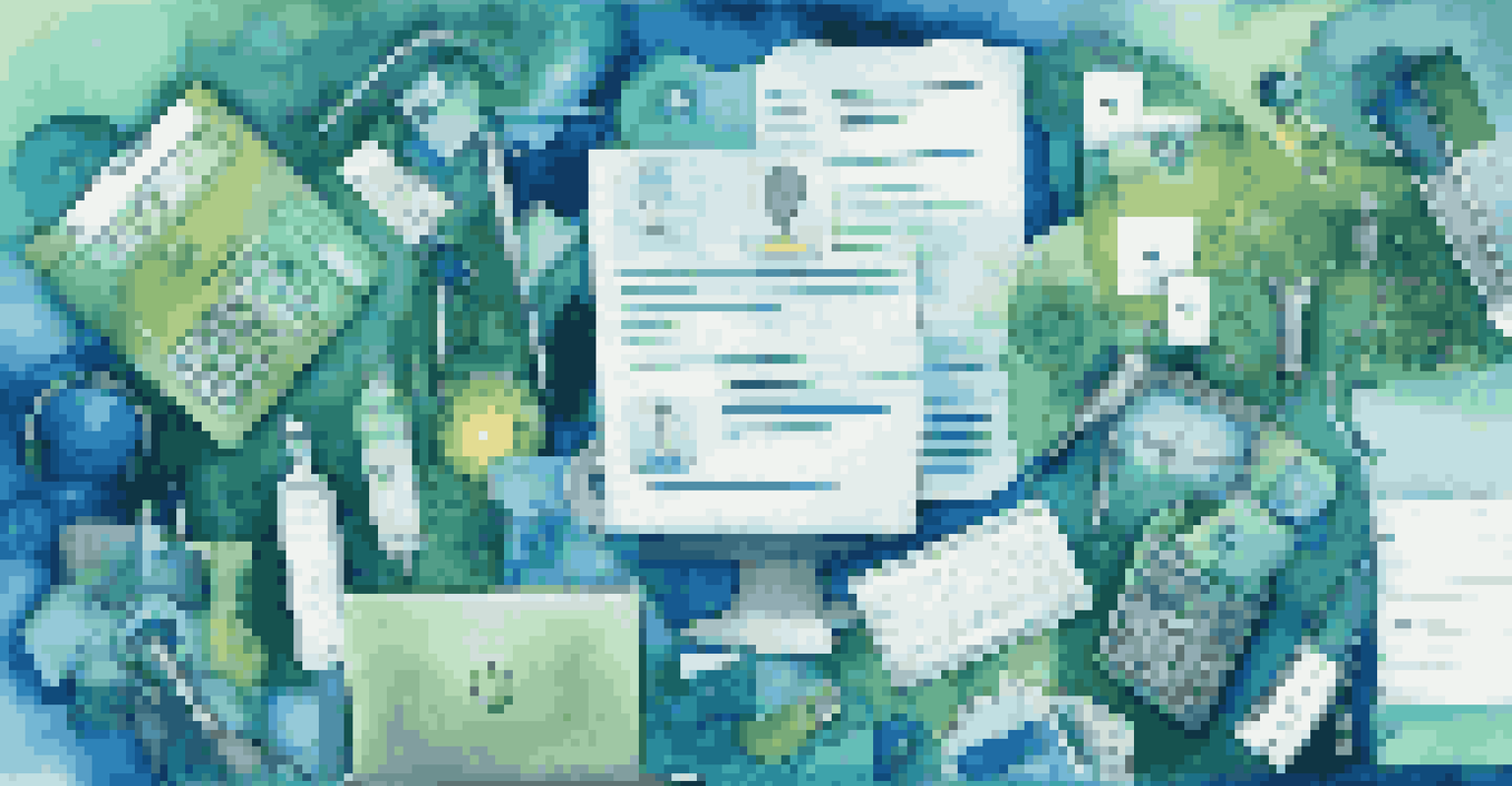 An artistic representation of social media icons with resumes and business cards in a blue and green background.