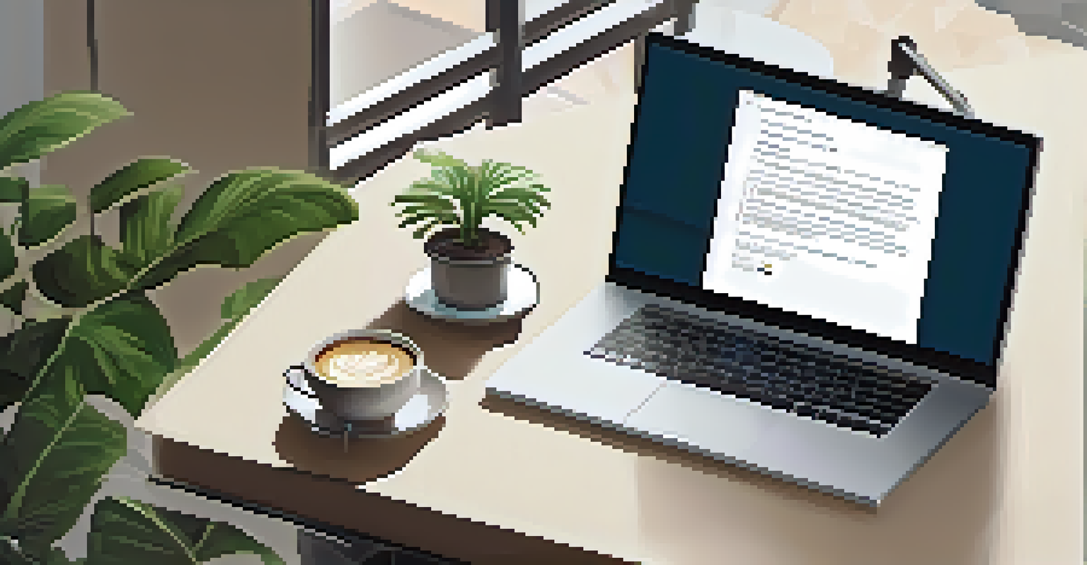 A close-up view of a person writing a follow-up email on a laptop, with a cup of coffee and a notepad on the desk.