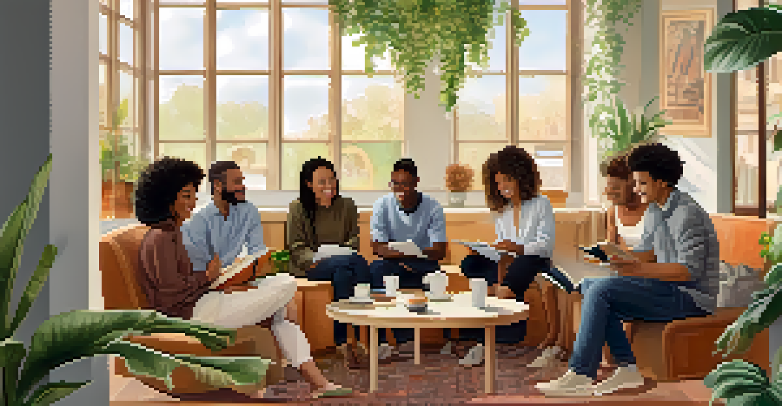 A supportive group discussion with diverse individuals sharing ideas in a bright, inviting room.