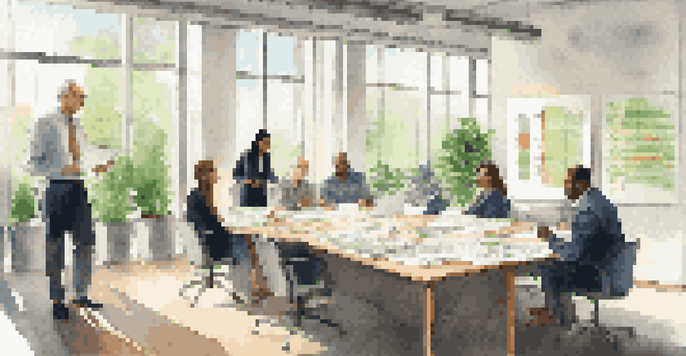 A diverse group of professionals discussing succession planning in a bright office environment with large windows and greenery.