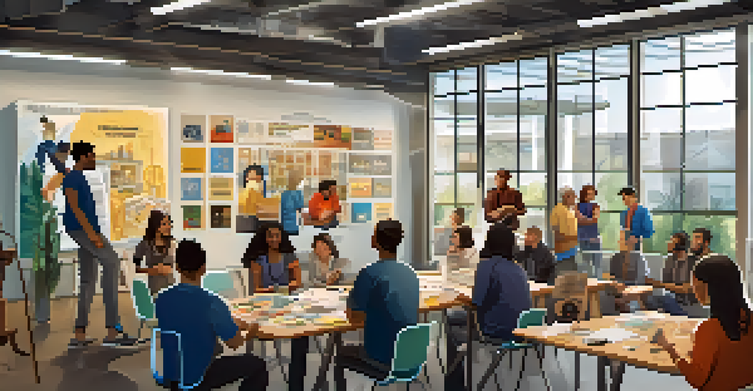 Employees participating in a workshop with role-playing and group discussions, surrounded by inspirational diversity posters in a welcoming room.
