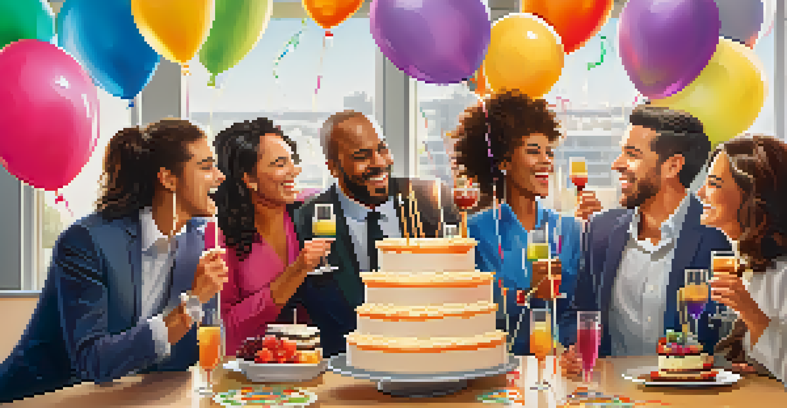 A joyful team celebrating their success with a cake and balloons in a bright office setting.