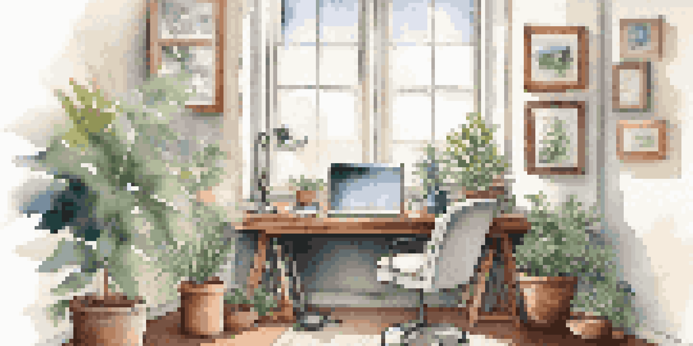 A cozy office space with a desk by a window, featuring a laptop, a cup of coffee, and a potted plant, illuminated by natural light.