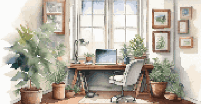 A cozy office space with a desk by a window, featuring a laptop, a cup of coffee, and a potted plant, illuminated by natural light.