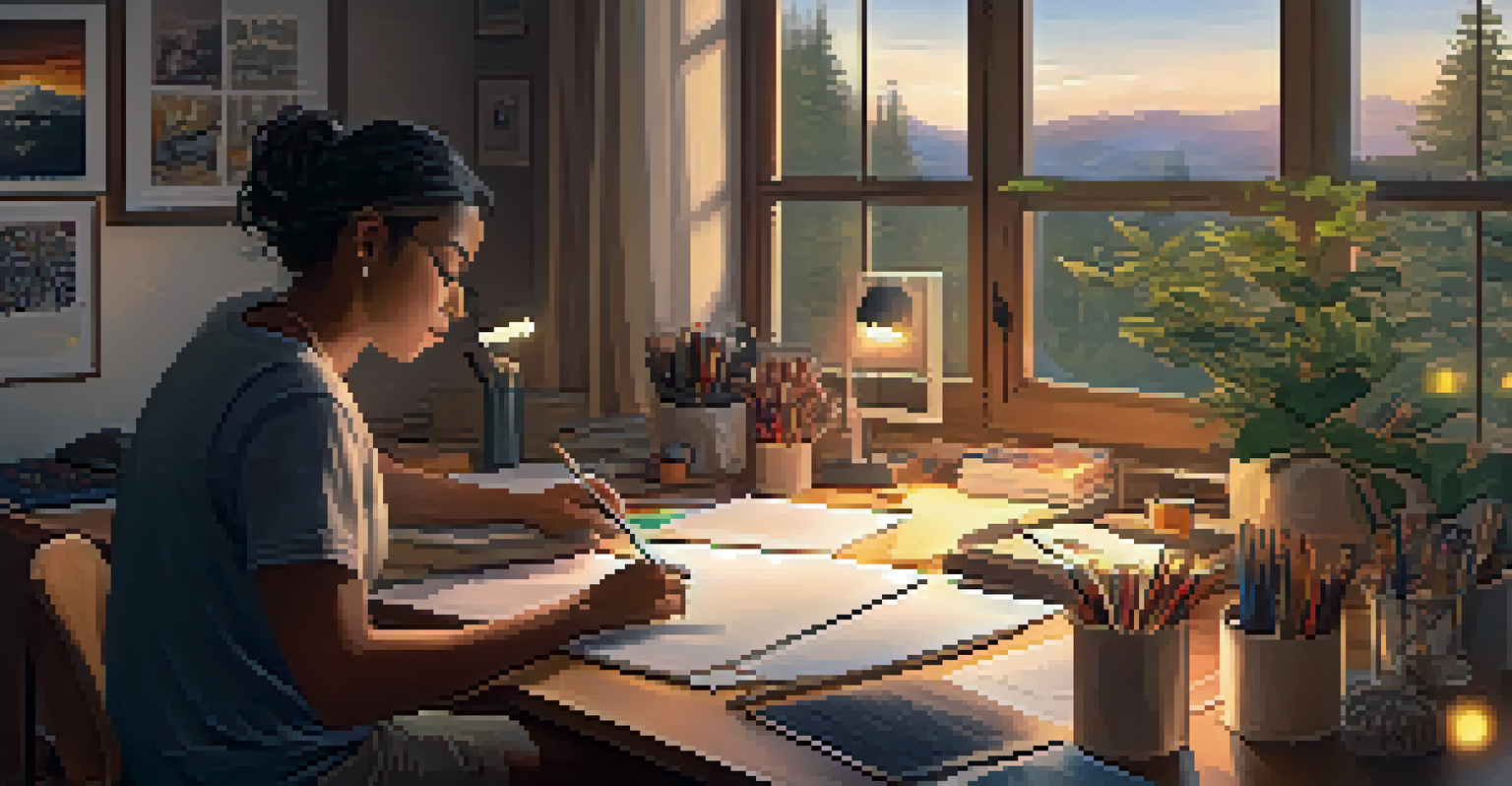 An employee in a cozy workspace surrounded by art supplies and a laptop, working on a creative project.