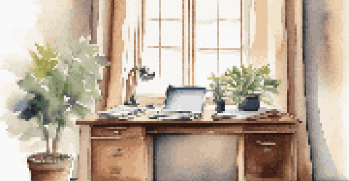 A bright and inviting office space with a wooden desk, laptop, notepad, pen, and a potted plant, illuminated by soft natural light from a nearby window.