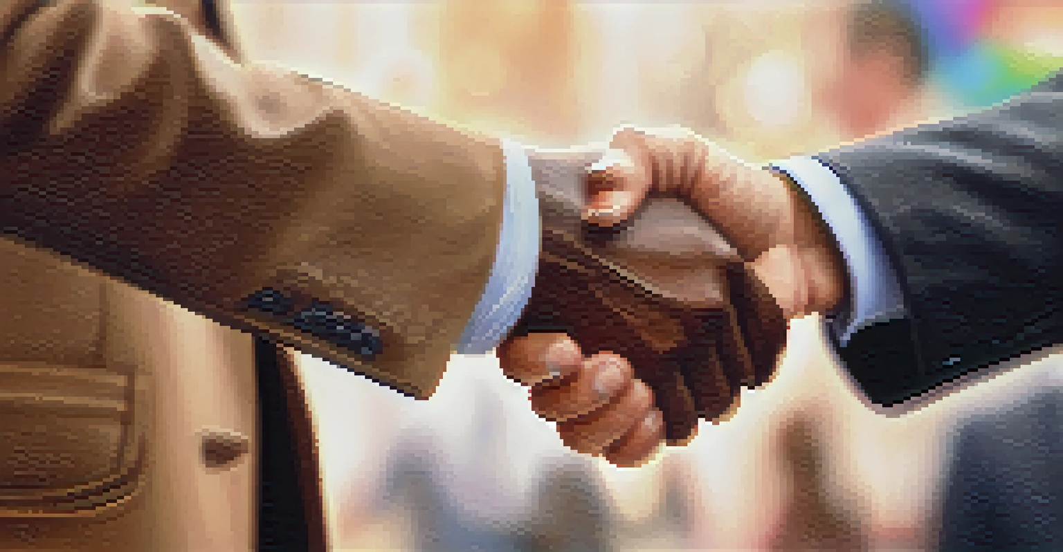 Two professionals shaking hands, with one holding a smartphone and the other a notepad, showing enthusiasm.