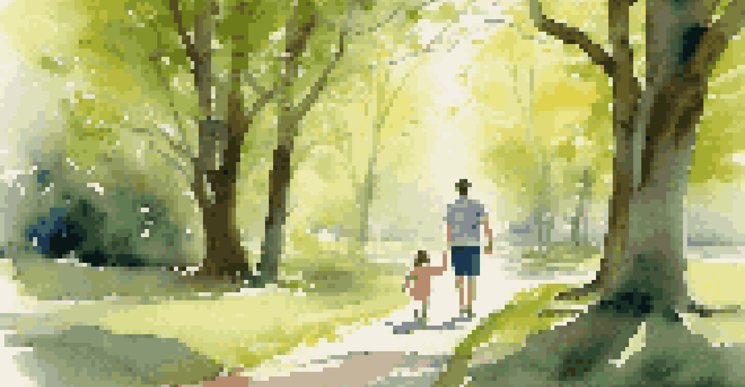 A parent and child on a nature walk in a park, enjoying quality time together amidst trees and sunshine.