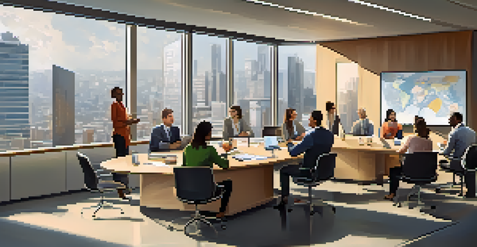 A diverse group of employees in a modern office meeting room, collaborating and engaging with each other.