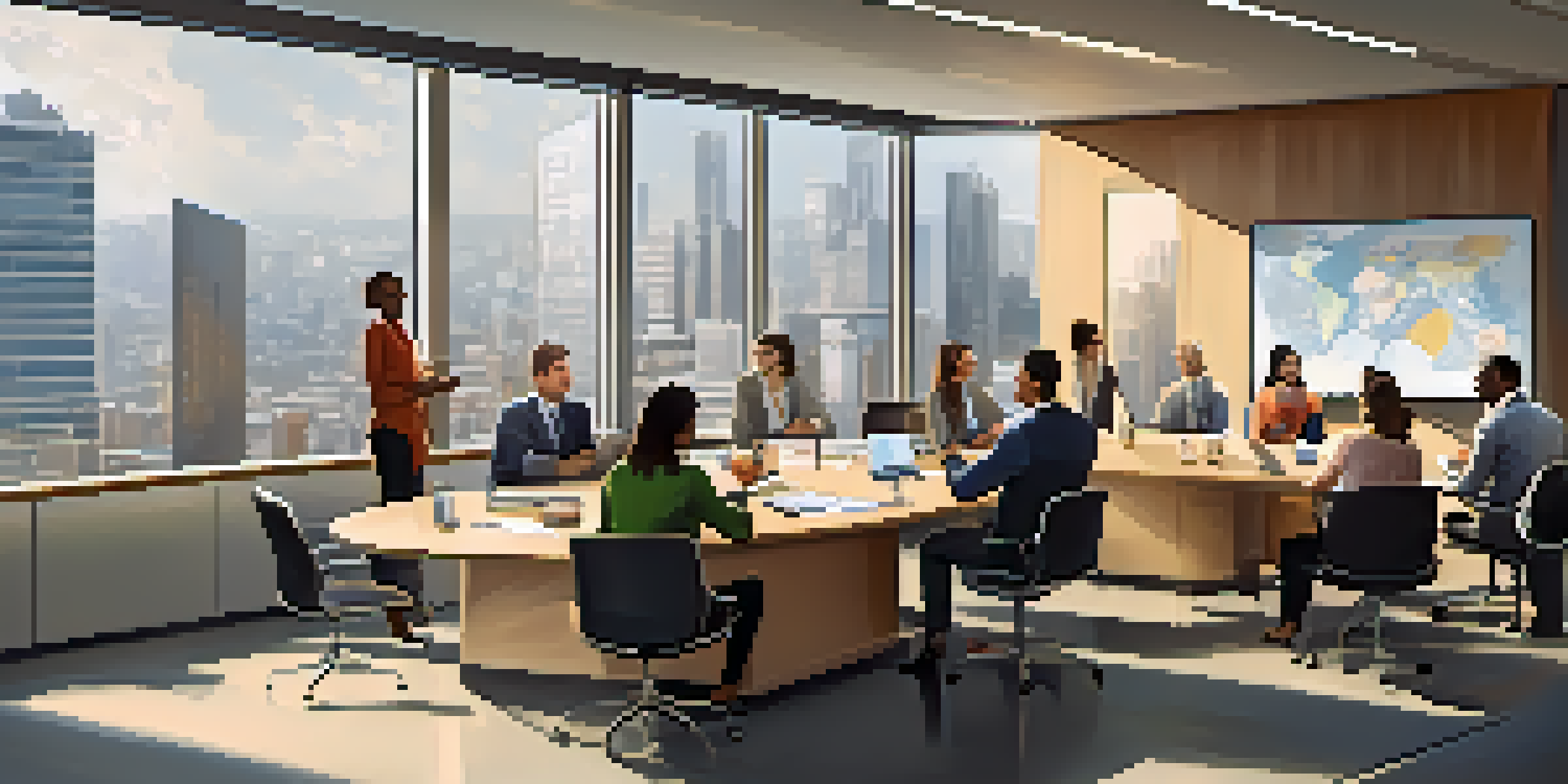 A diverse group of employees in a modern office meeting room, collaborating and engaging with each other.