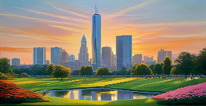 A modern city skyline at sunset with warm colors and a peaceful park in the foreground.