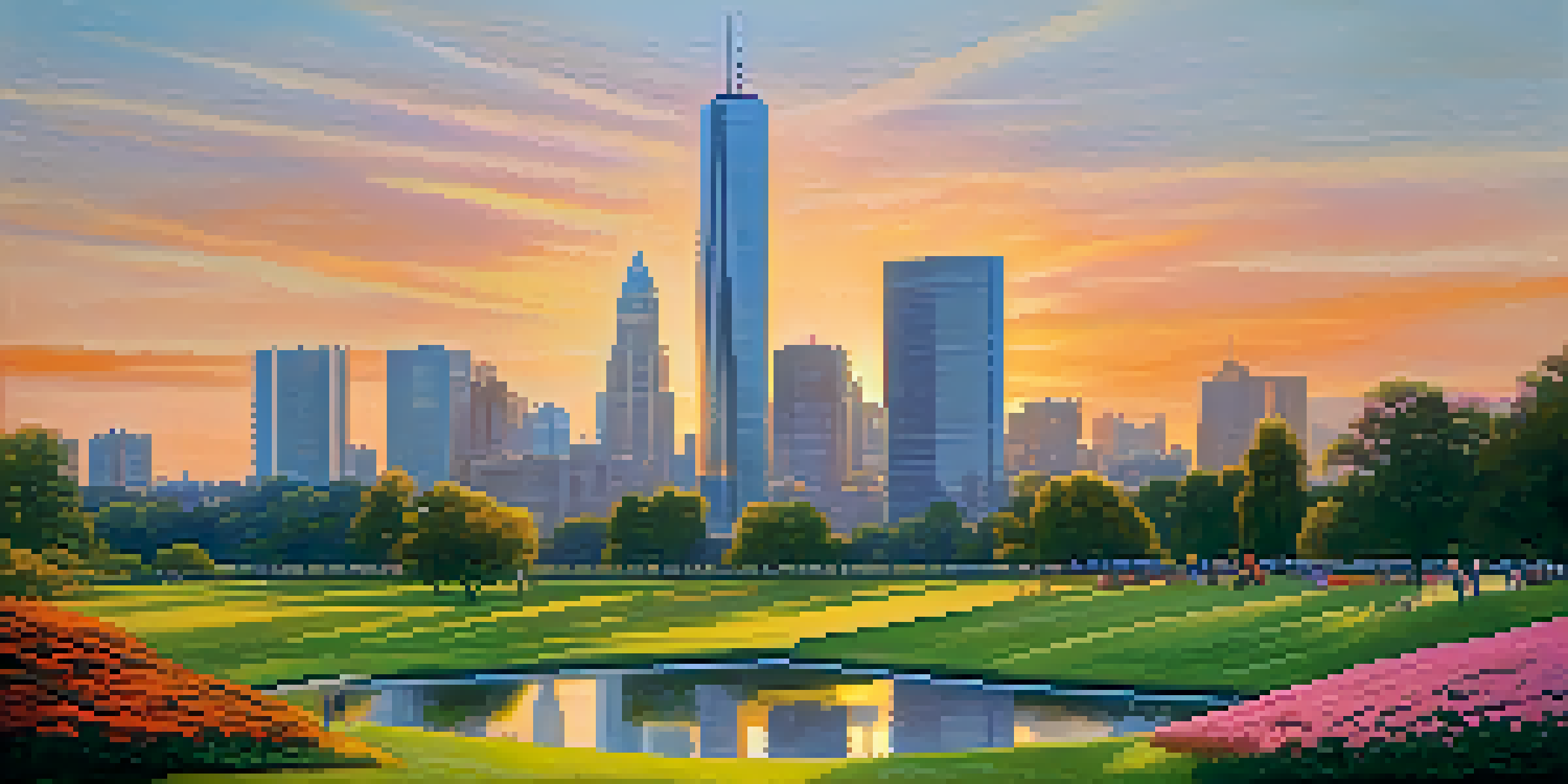 A modern city skyline at sunset with warm colors and a peaceful park in the foreground.
