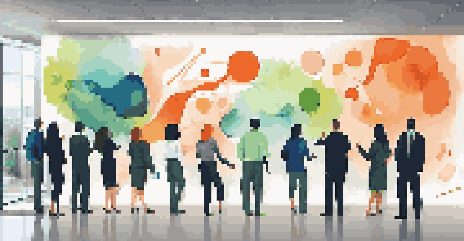 A colorful mural in a modern office representing feedback and adaptability, with employees discussing in front of it.