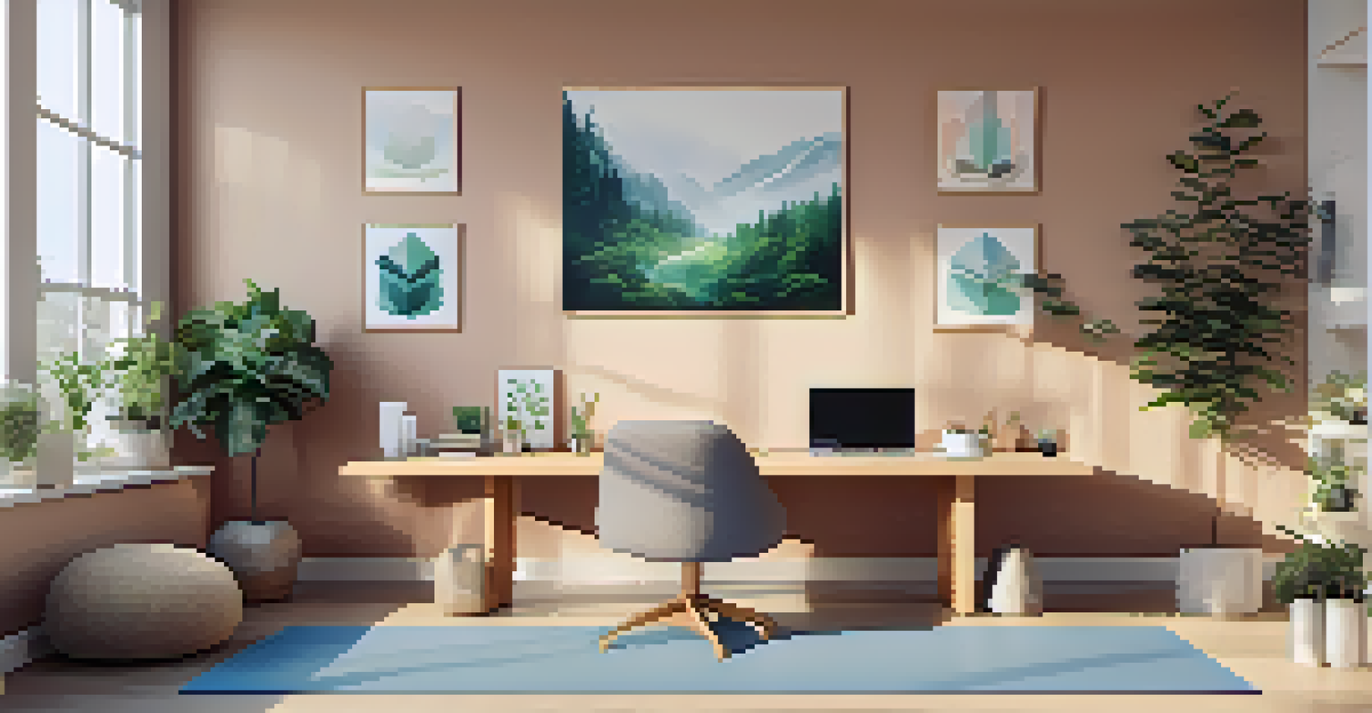 A peaceful wellness space in an office with yoga mats and meditation cushions.