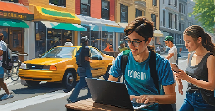A lively city scene with diverse gig economy workers, including a young woman using a smartphone, a cyclist delivering food, and a person working on a laptop at a café.