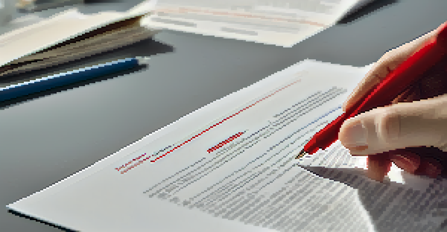 A person proofreading a resume with a red pen, highlighting details on a printed document.