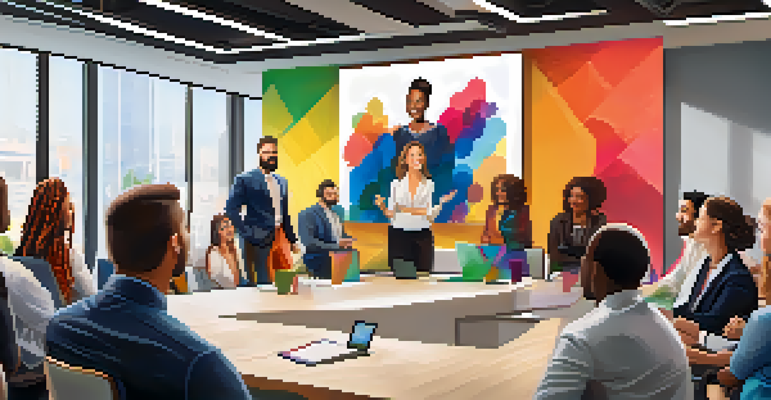 A female leader addressing her diverse team in a conference room with a presentation on diversity and inclusion.