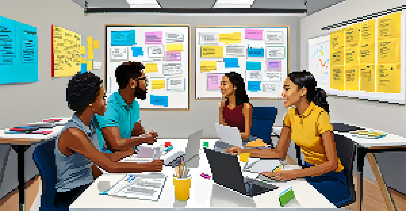 A diverse group of interns discussing ideas around a conference table with laptops and sticky notes.
