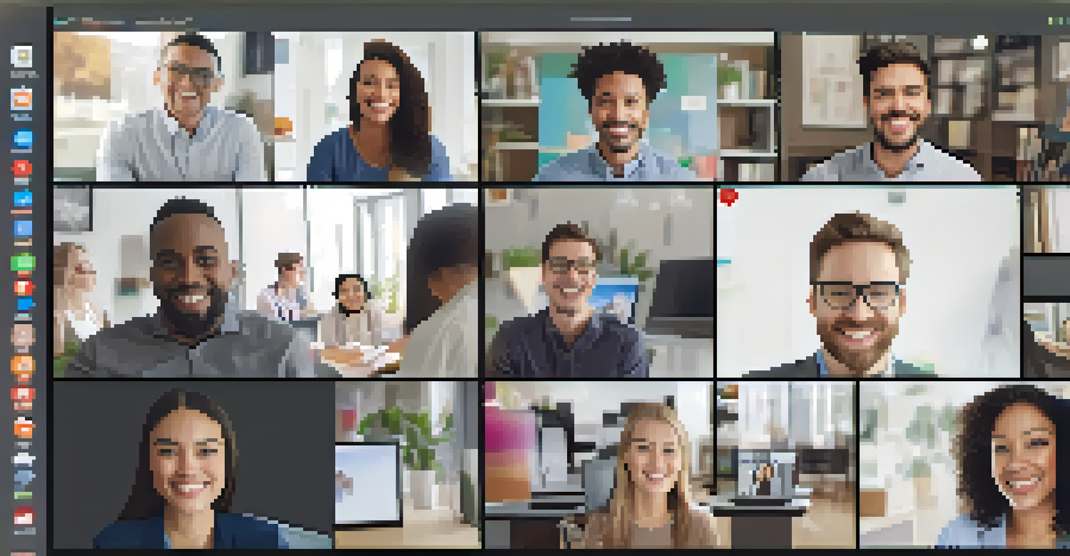 A lively virtual team meeting with diverse participants smiling on a computer screen.