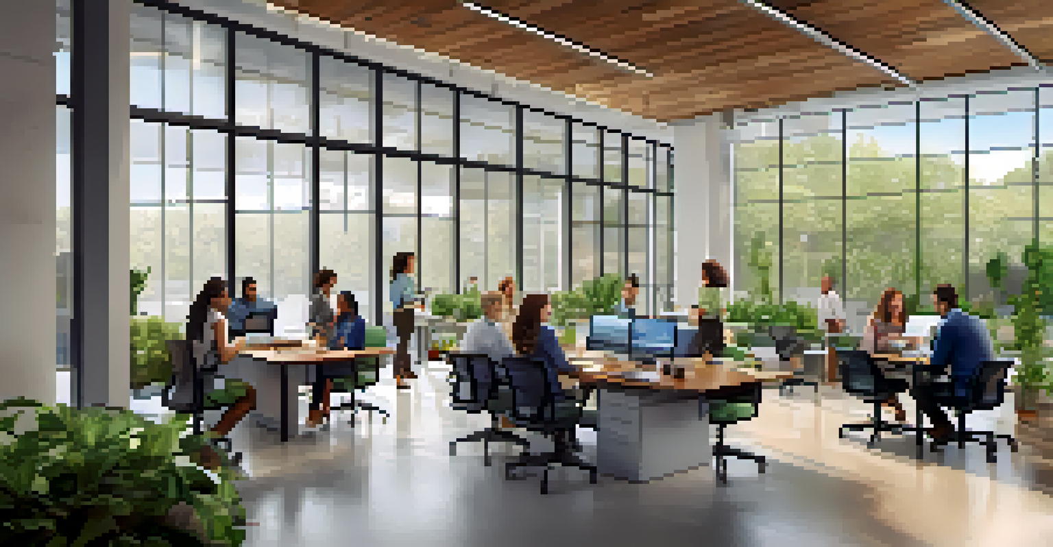 A diverse team collaborating in a bright modern office with natural light and plants, emphasizing stakeholder engagement.