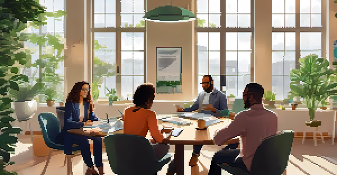 A diverse group of employees in a bright office, engaged in a mentorship session with laptops and plants around them.