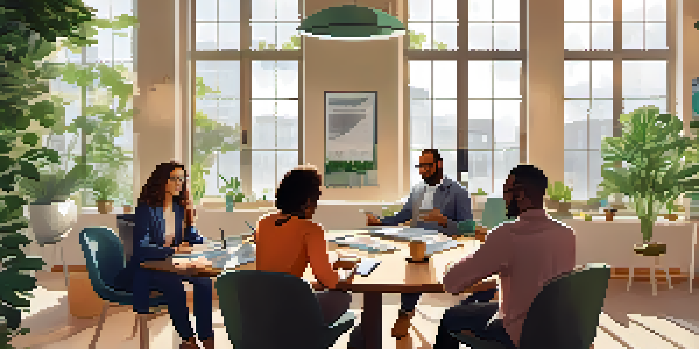 A diverse group of employees in a bright office, engaged in a mentorship session with laptops and plants around them.