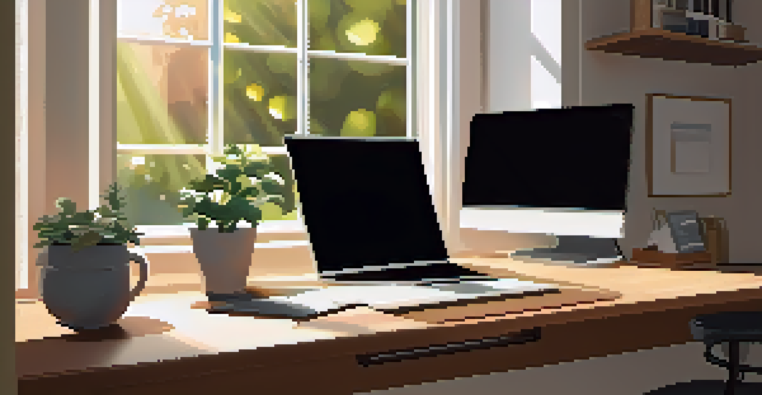 A cozy home office setup with a laptop and a view of a garden, showcasing flexible work arrangements.