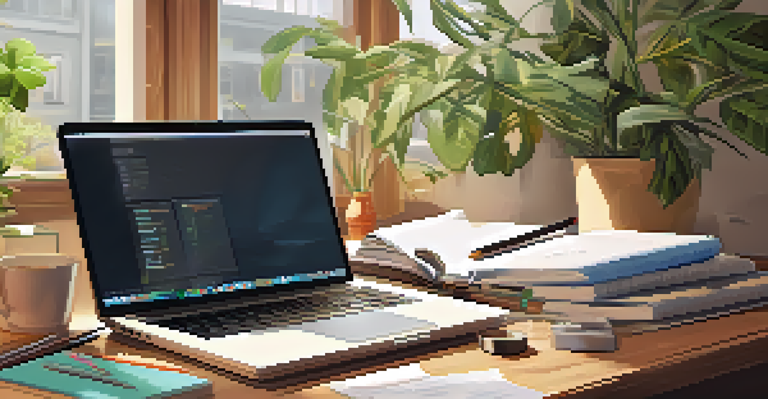 A workspace featuring a laptop, notebooks, and a coffee cup on a wooden table, illuminated by warm lighting, creating a cozy learning atmosphere.