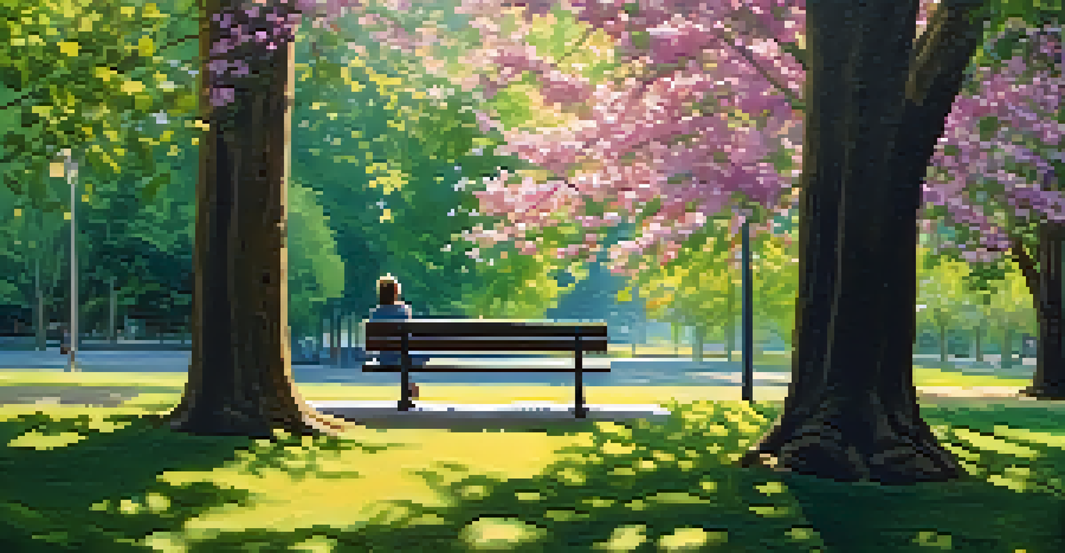 A peaceful park scene with a person journaling on a bench surrounded by flowers and trees, under dappled sunlight.