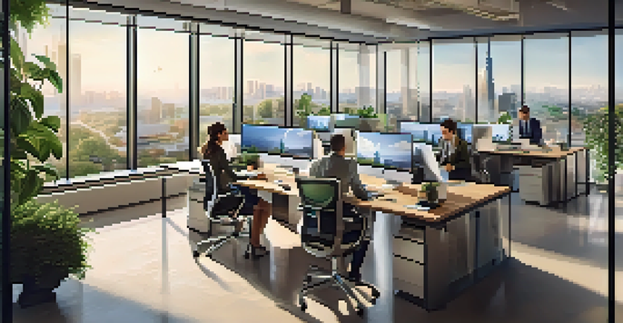 A modern office with professionals collaborating around a table, laptops open, large windows showing a city skyline.