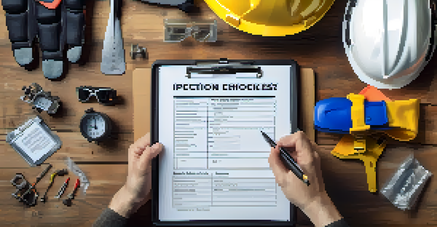 Close-up of hands holding a clipboard with a safety inspection checklist, surrounded by safety gear on a wooden table, with an industrial workspace in the background.