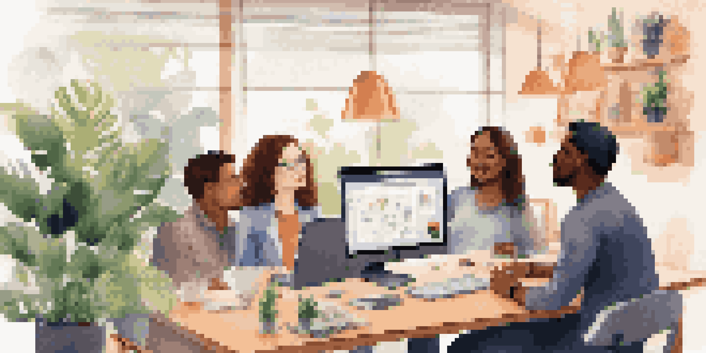 A computer screen showing a virtual meeting with diverse team members in a modern home office.