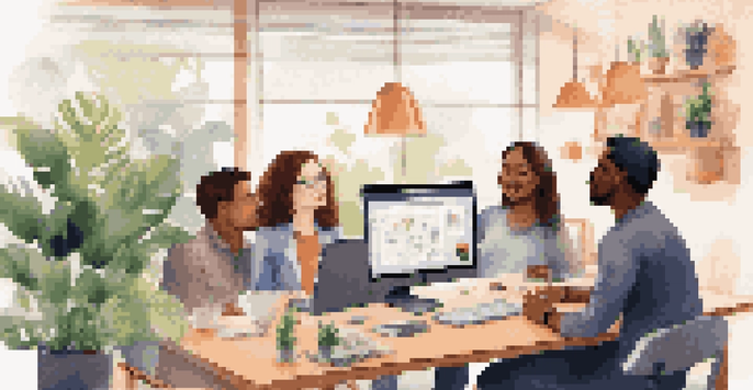 A computer screen showing a virtual meeting with diverse team members in a modern home office.
